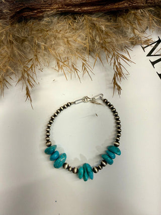 Turquoise Nugget & Navajo-Style Pearl Sterling Silver Bracelet - Barbwire n Bougie Boutique