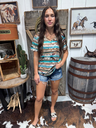Turquoise Rust Southwestern V-Neck Top - Barbwire n Bougie Boutique