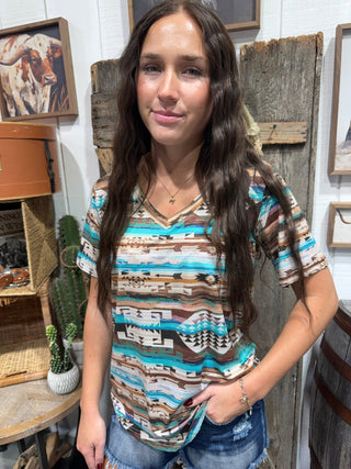 Turquoise Rust Southwestern V-Neck Top - Barbwire n Bougie Boutique