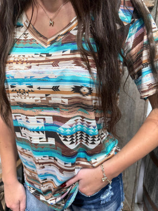 Turquoise Rust Southwestern V-Neck Top - Barbwire n Bougie Boutique