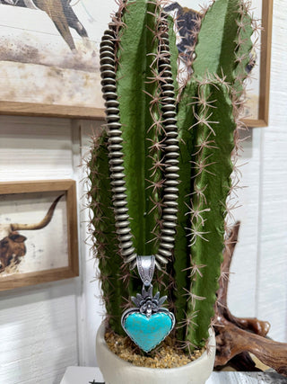 Turquoise Sacred Heart Pendant & Navajo Pearl Necklace – 21” - Barbwire n Bougie Boutique