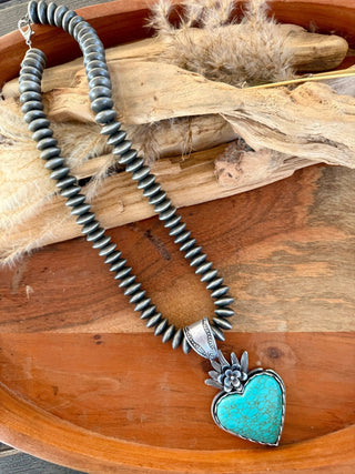Turquoise Sacred Heart Pendant & Navajo Pearl Necklace – 21” - Barbwire n Bougie Boutique