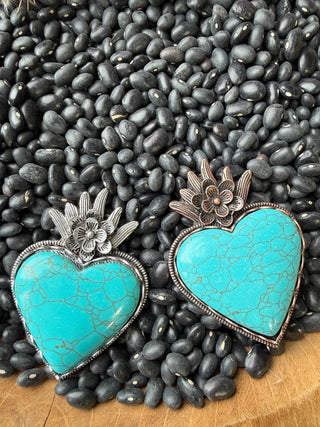 Turquoise Sacred Heart Statement Ring – Western Silver Cowgirl Ring-Adjustable - Barbwire n Bougie Boutique