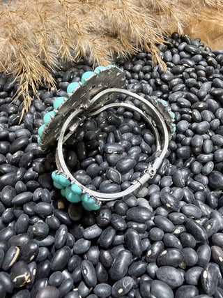 Turquoise Squash Blossom Hinge Bracelet – Western Statement Cuff | Cowgirl Boutique Jewelry-Faux - Barbwire n Bougie Boutique