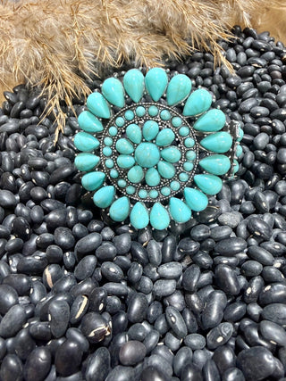 Turquoise Squash Blossom Hinge Bracelet – Western Statement Cuff | Cowgirl Boutique Jewelry-Faux - Barbwire n Bougie Boutique