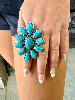 Turquoise Starburst Statement Ring – Adjustable Western Boho Ring - Barbwire n Bougie Boutique