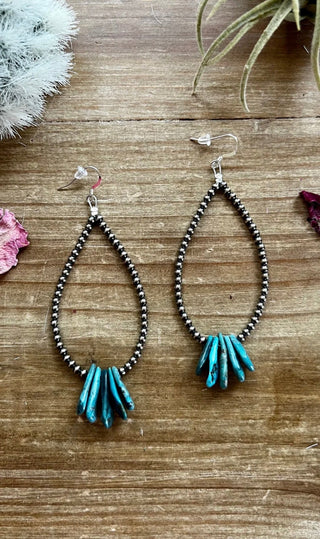 Turquoise Teardrop & Sterling Silver Pearl Hoop Earrings – 4” - Barbwire n Bougie Boutique