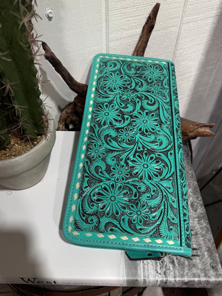 Turquoise Tooled Western Flat Travel Jewelry Case - Barbwire n Bougie Boutique