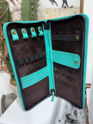 Turquoise Tooled Western Flat Travel Jewelry Case - Barbwire n Bougie Boutique