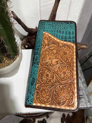 Turquoise Tooled Western Flat Travel Jewelry Case - Barbwire n Bougie Boutique