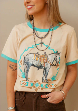 Turquoise Trail Ringer Tee – Western Horse Graphic Cream & Turquoise Top-Sterling Kreek - Barbwire n Bougie Boutique