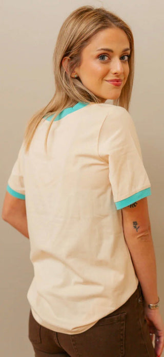 Turquoise Trail Ringer Tee – Western Horse Graphic Cream & Turquoise Top-Sterling Kreek - Barbwire n Bougie Boutique
