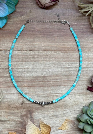 Turquoise Variscite Heishi & Sterling Silver Necklace – 14” + Extender - Barbwire n Bougie Boutique