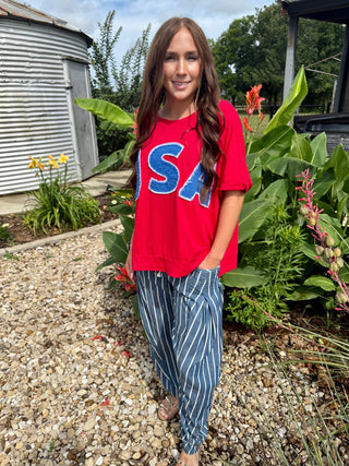 USA Patch Tee for Women | Oversized Red Patriotic Graphic Top - Barbwire n Bougie Boutique