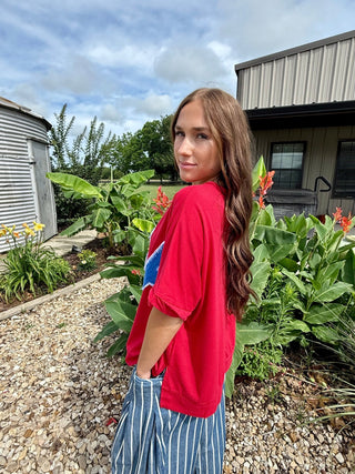 USA Patch Tee for Women | Oversized Red Patriotic Graphic Top - Barbwire n Bougie Boutique