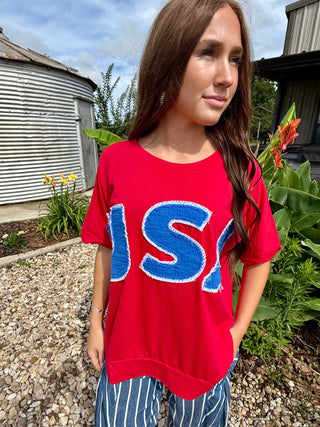 USA Patch Tee for Women | Oversized Red Patriotic Graphic Top - Barbwire n Bougie Boutique