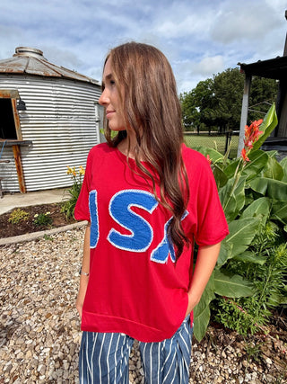 USA Patch Tee for Women | Oversized Red Patriotic Graphic Top - Barbwire n Bougie Boutique