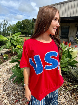 USA Patch Tee for Women | Oversized Red Patriotic Graphic Top - Barbwire n Bougie Boutique