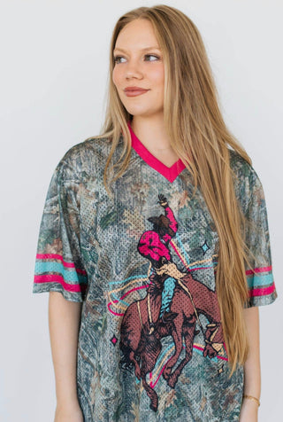Varsity Rodeo Camo Bucking Horse Mesh Athletic Top - Barbwire n Bougie Boutique