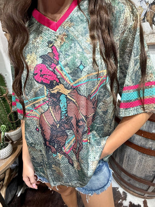 Varsity Rodeo Camo Bucking Horse Mesh Athletic Top - Barbwire n Bougie Boutique