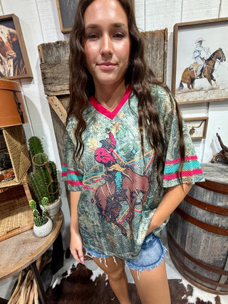 Varsity Rodeo Camo Bucking Horse Mesh Athletic Top - Barbwire n Bougie Boutique