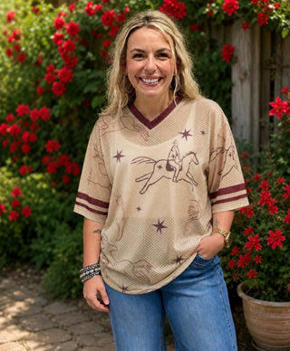 Varsity Rodeo Mesh Top – Western Cowboy Jersey Shirt with Maroon Trim - Barbwire n Bougie Boutique