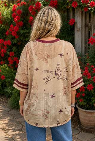 Varsity Rodeo Mesh Top – Western Cowboy Jersey Shirt with Maroon Trim - Barbwire n Bougie Boutique