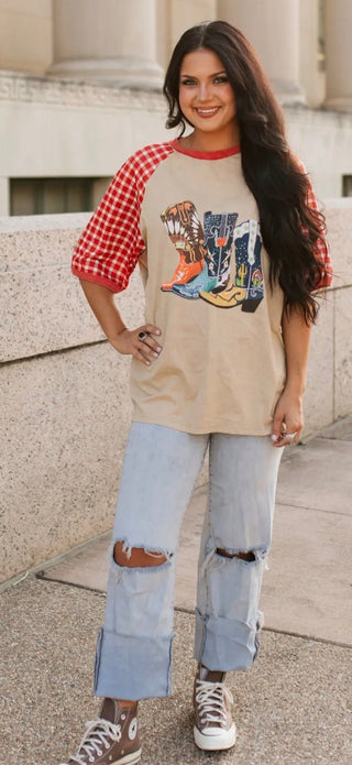 Varsity Rodeo Western Graphic Tee – Red Gingham Sleeve Cowgirl Boot Shirt - Barbwire n Bougie Boutique