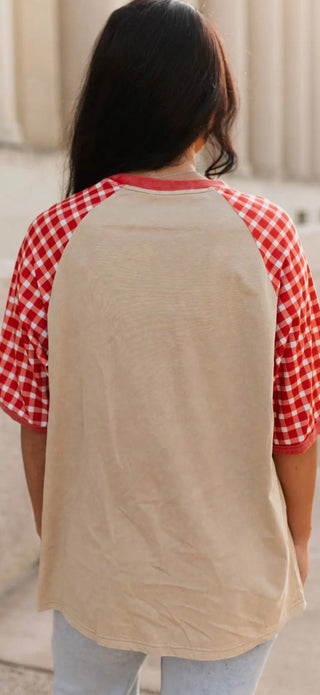 Varsity Rodeo Western Graphic Tee – Red Gingham Sleeve Cowgirl Boot Shirt - Barbwire n Bougie Boutique