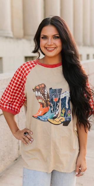 Varsity Rodeo Western Graphic Tee – Red Gingham Sleeve Cowgirl Boot Shirt - Barbwire n Bougie Boutique