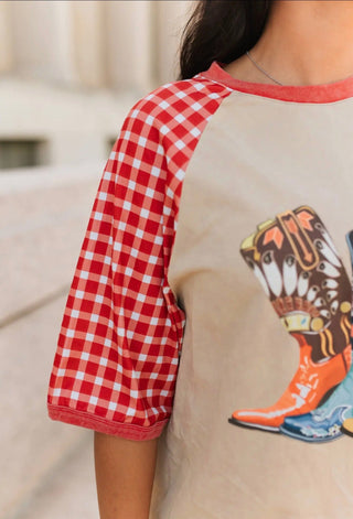 Varsity Rodeo Western Graphic Tee – Red Gingham Sleeve Cowgirl Boot Shirt - Barbwire n Bougie Boutique