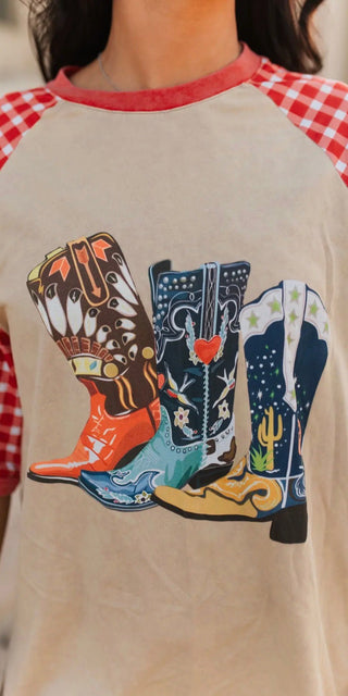 Varsity Rodeo Western Graphic Tee – Red Gingham Sleeve Cowgirl Boot Shirt - Barbwire n Bougie Boutique