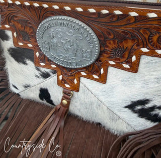 Vegas NFR Vintage Buckle Cowhide Crossbody Bag – Western Tooled Leather Fringe Purse with Adjustable Strap & Clutch Option - Barbwire n Bougie Boutique