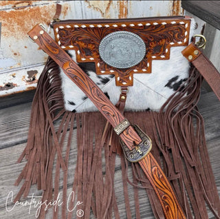 Vegas NFR Vintage Buckle Cowhide Crossbody Bag – Western Tooled Leather Fringe Purse with Adjustable Strap & Clutch Option - Barbwire n Bougie Boutique