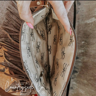 Vegas NFR Vintage Buckle Cowhide Crossbody Bag – Western Tooled Leather Fringe Purse with Adjustable Strap & Clutch Option - Barbwire n Bougie Boutique