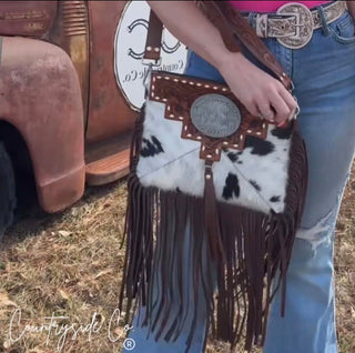 Vegas NFR Vintage Buckle Cowhide Crossbody Bag – Western Tooled Leather Fringe Purse with Adjustable Strap & Clutch Option - Barbwire n Bougie Boutique