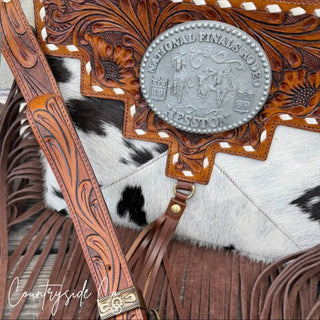 Vegas NFR Vintage Buckle Cowhide Crossbody Bag – Western Tooled Leather Fringe Purse with Adjustable Strap & Clutch Option - Barbwire n Bougie Boutique