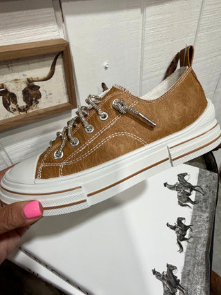Very G Aman Cognac Tooled Sneaker- Sparkle Laces - Barbwire n Bougie Boutique