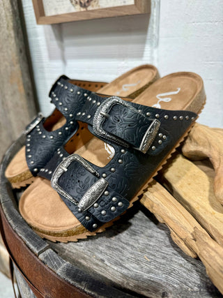 Very G Heidi Black Tooled Buckle Sandals for Women | Western Cork Sole Slip-On Sandals - Barbwire n Bougie Boutique