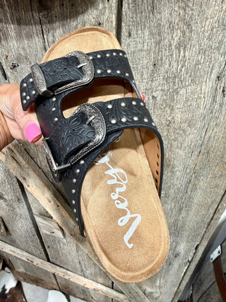 Very G Heidi Black Tooled Buckle Sandals for Women | Western Cork Sole Slip-On Sandals - Barbwire n Bougie Boutique