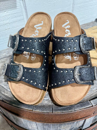 Very G Heidi Black Tooled Buckle Sandals for Women | Western Cork Sole Slip-On Sandals - Barbwire n Bougie Boutique