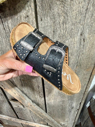 Very G Heidi Black Tooled Buckle Sandals for Women | Western Cork Sole Slip-On Sandals - Barbwire n Bougie Boutique