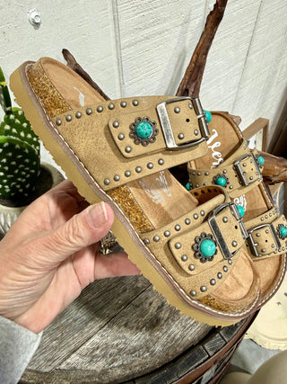 Very G Jordyn Turquoise Concho Studded Sandals | Western Cowgirl Double Buckle Slides - Barbwire n Bougie Boutique