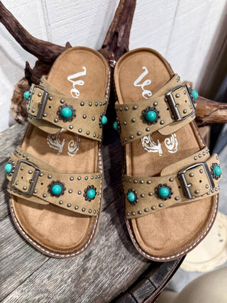 Very G Jordyn Turquoise Concho Studded Sandals | Western Cowgirl Double Buckle Slides - Barbwire n Bougie Boutique