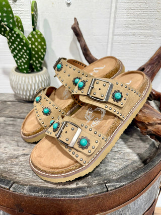 Very G Jordyn Turquoise Concho Studded Sandals | Western Cowgirl Double Buckle Slides - Barbwire n Bougie Boutique