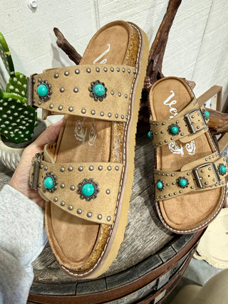 Very G Jordyn Turquoise Concho Studded Sandals | Western Cowgirl Double Buckle Slides - Barbwire n Bougie Boutique