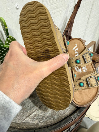 Very G Jordyn Turquoise Concho Studded Sandals | Western Cowgirl Double Buckle Slides - Barbwire n Bougie Boutique