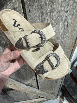 Very G Skye Western Buckle Sandals for Women – Beige Suede Cork Footbed Slide with Vintage Silver Concho Buckles - Barbwire n Bougie Boutique