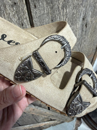Very G Skye Western Buckle Sandals for Women – Beige Suede Cork Footbed Slide with Vintage Silver Concho Buckles - Barbwire n Bougie Boutique