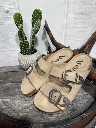 Very G Skye Western Buckle Sandals for Women – Beige Suede Cork Footbed Slide with Vintage Silver Concho Buckles - Barbwire n Bougie Boutique